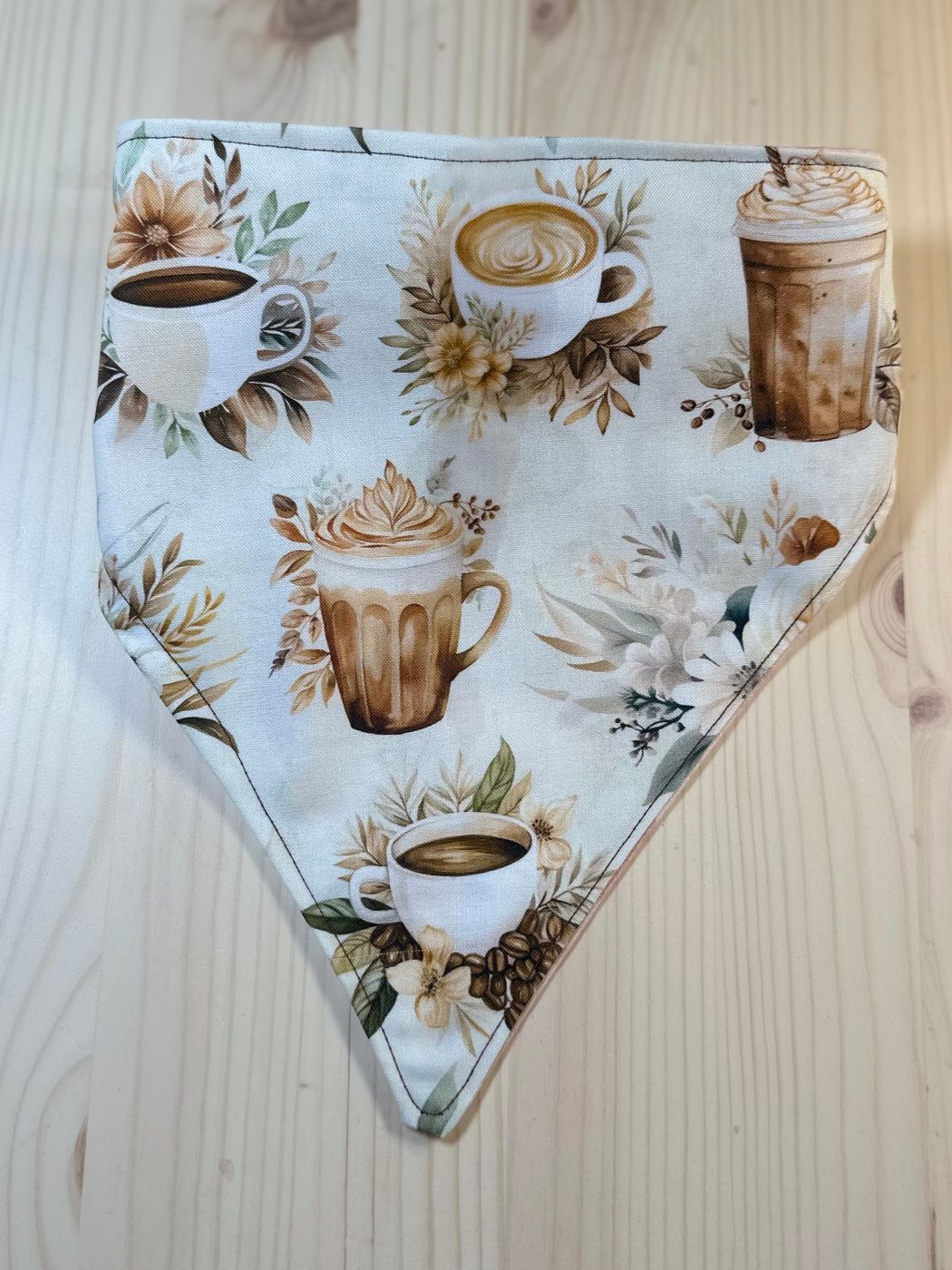 Reversible handmade pet bandana, coffee cups and flowers on cream one side, soft blush linen the other