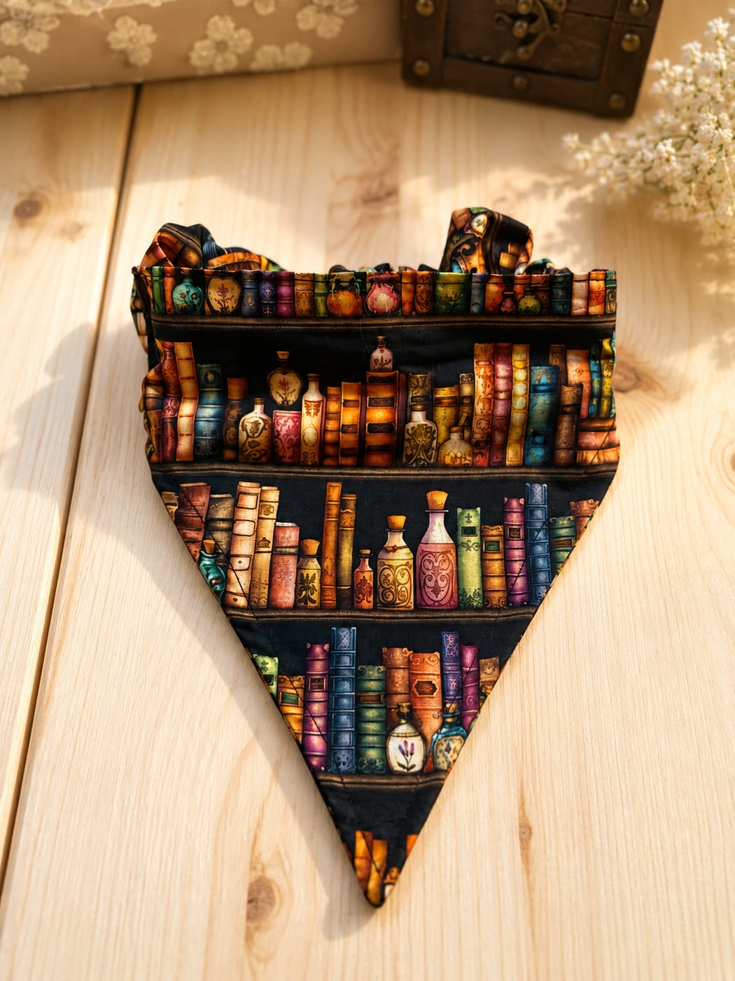 Handmade pet bandana printed with antique books and potion bottles, shown flat and worn by a black dog