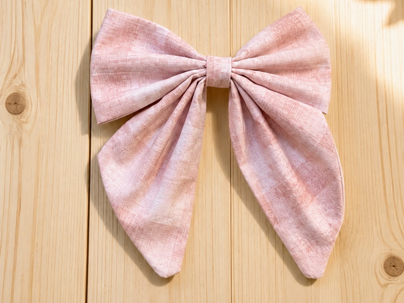 Handmade blush-pink sailor bow in a soft linen-textured cotton