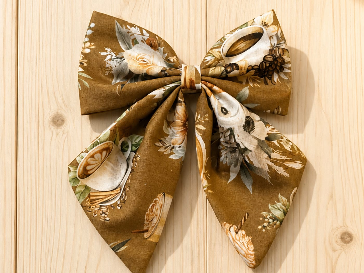 Handmade olive sailor bow printed with cream roses and cups of coffee