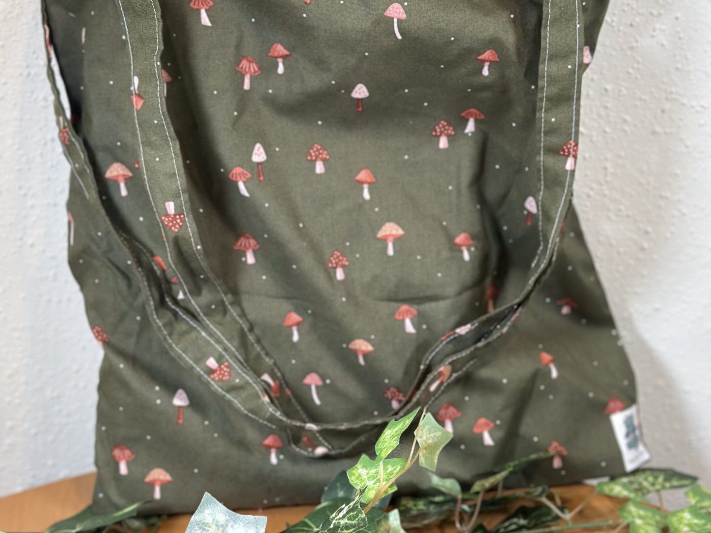 Handmade tote in an olive-green woodland mushroom print