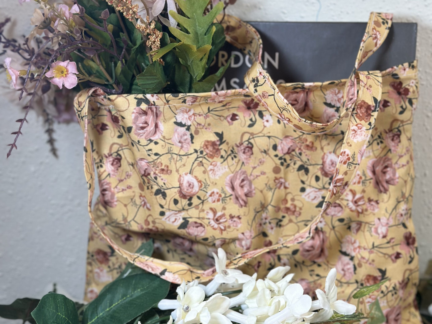Handmade tote in a golden mustard vintage rose floral print
